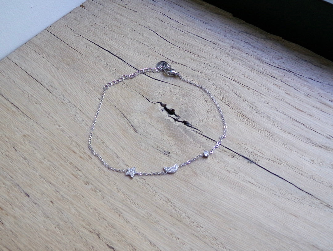 STER, MAAN, DIAMAND ENKELBANDJE ZILVER