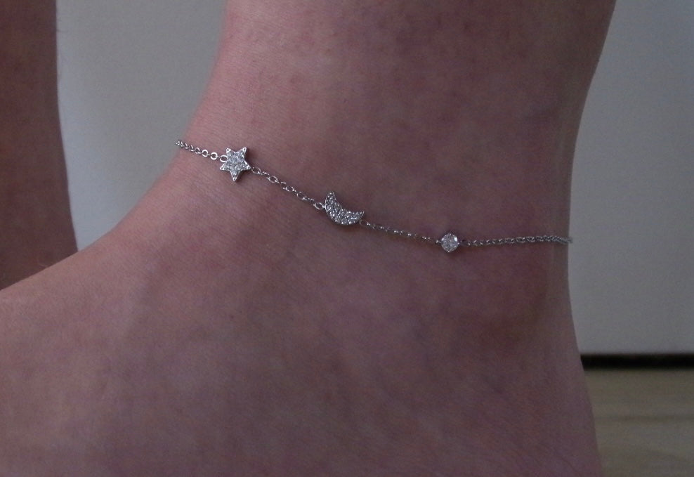 STER, MAAN, DIAMAND ENKELBANDJE ZILVER